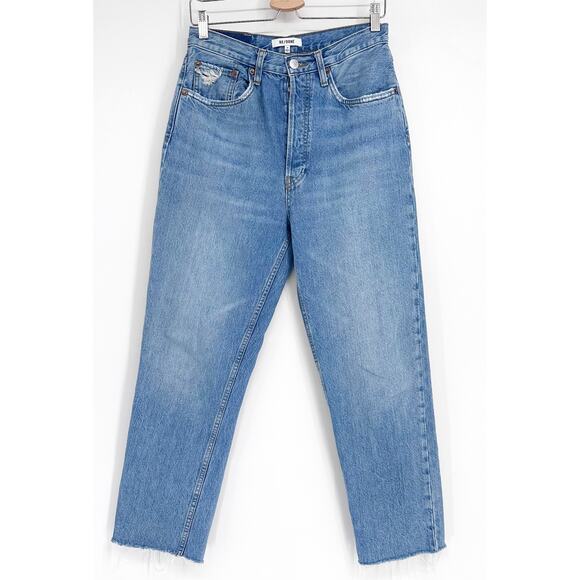 Re/Done Blue High Waisted 70s Ultra Stove Pipe Raw Hem Straight Leg Jeans Sz 28 - Picture 2 of 7
